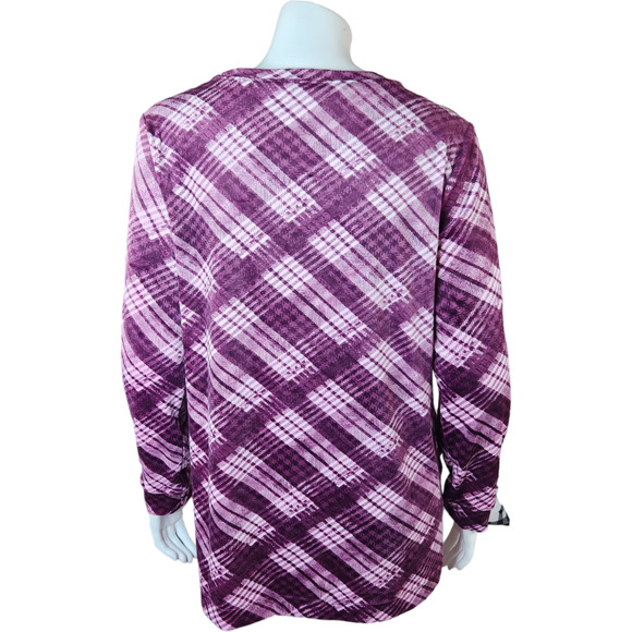 Denim & Co. Printed Velour Pullover Hi-Low Hem Deep Wine Plaid Petite Small NWOT - Picture 8 of 14